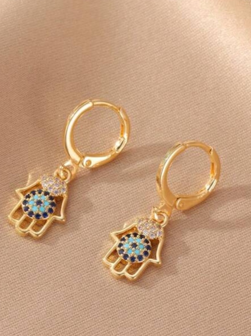 Gold Plated Hamsa Hand Hoop Earrings with Blue CZ Accents